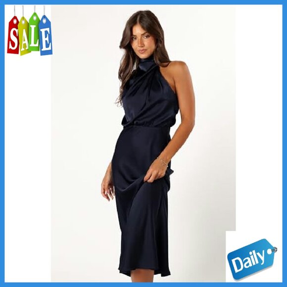 Sleeveless Halter Midi Dress with Button Back, Satin Feel - Picture 3 of 7